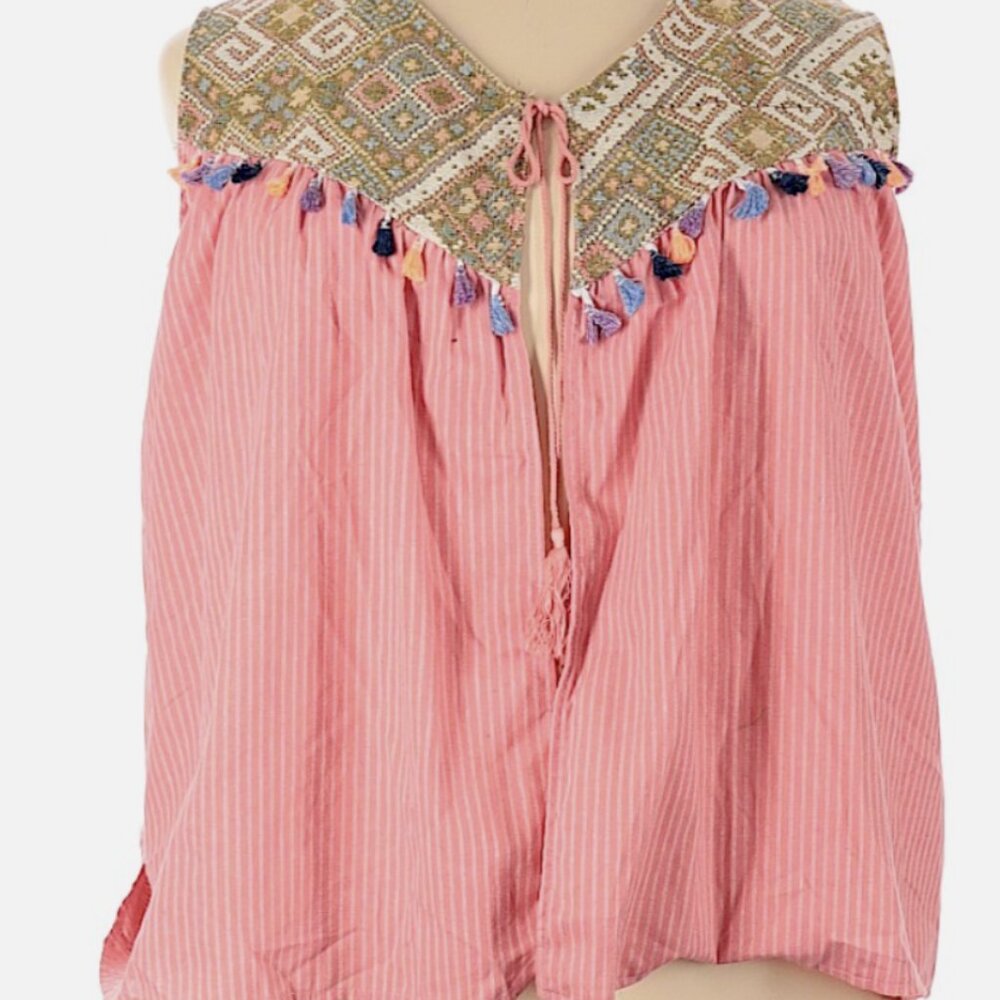 NWT Velzera Coral Striped Boho Embroidered Tassel Tie Open Front Tops Plus 3XL
